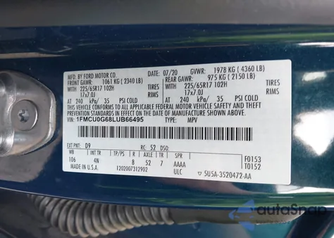 2020 Ford Escape Se z USA, uszkodzony, nr VIN 1FMCU0G68LUB66495